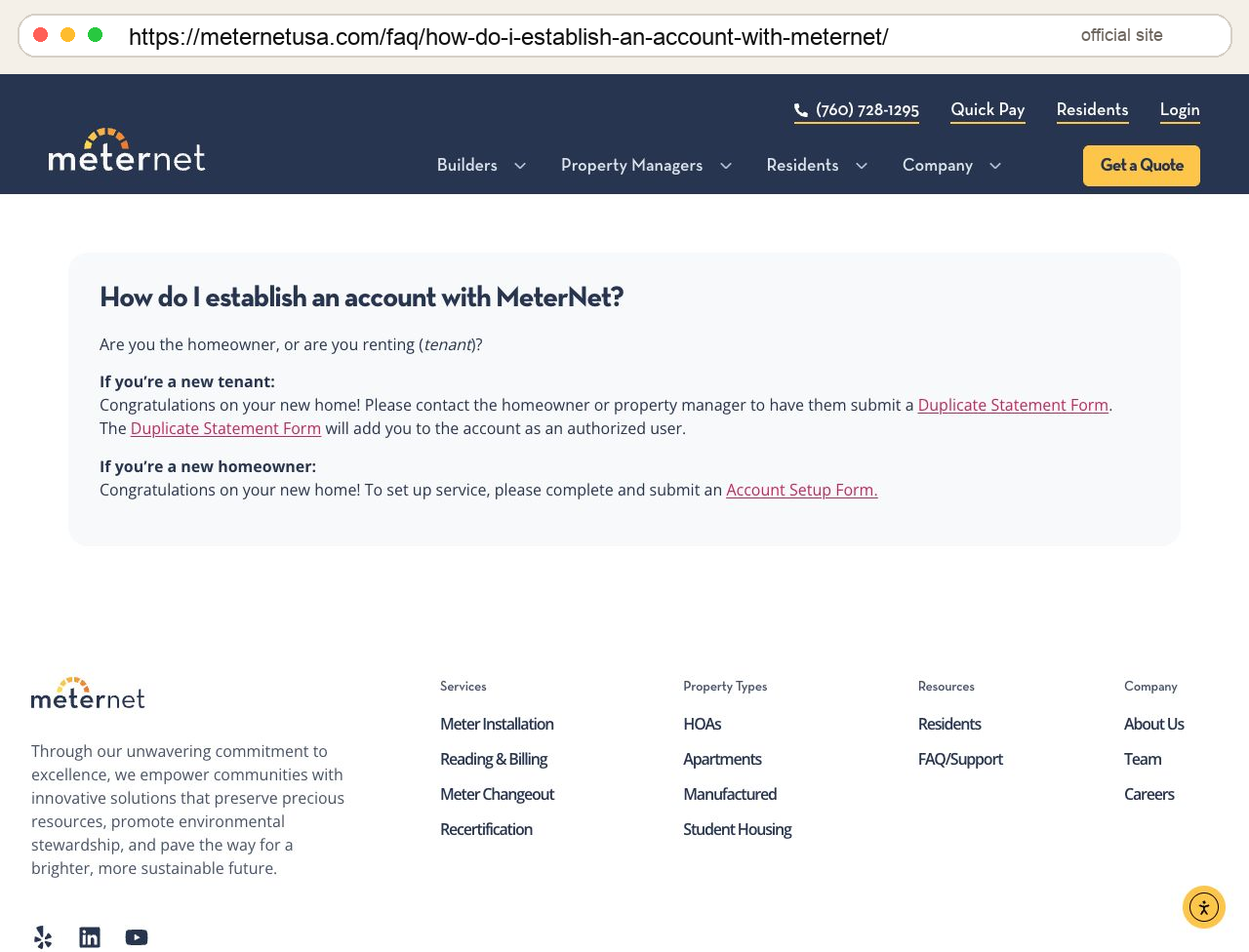 MeterNet FAQ page explaining how new homeowners and tenants establish an account, with URL bar.