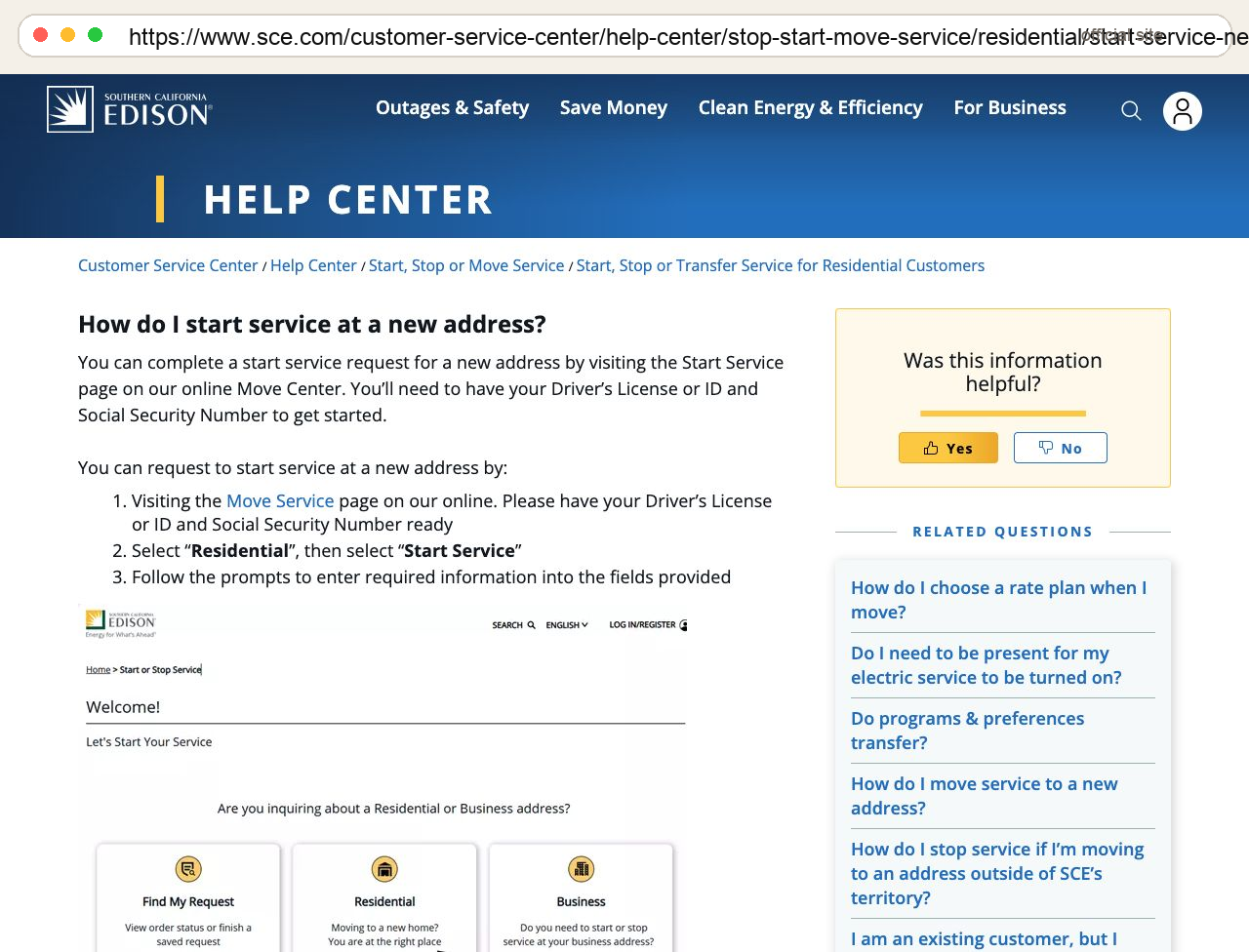 SCE help center page for starting service at a new address, with URL bar.